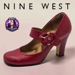 Nine West Vintage Style Mary Jane Pumps Women 6.5 Red Leather Block Heels Retro
